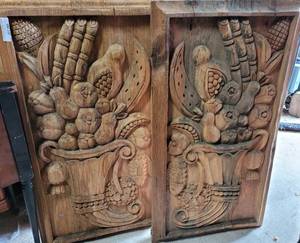 lot 280 image: LOT OF 2 LARGE SIZE MEXICAN CARVED WOOD WALL ART WITH FRUIT BASKET DESIGN AS SHOWN. THESE ARE HEAVY (YOUR LOT X 2)