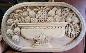 lot 281 image: LARGE SIZE CARVED WOOD MEXICAN ART WALL ART WITH FRUIT BASKET DESIGN AS SHOWN.