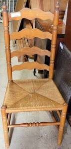 lot 332 image: VINTAGE WOOD AND STRAW CHAIR WITH HIGH BACK REST AS SHOWN.