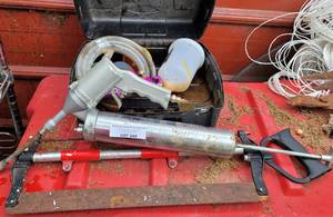 lot 349 image: MIXED TOOLS INCLUDING SPRAY GUN, HAND SAW, AND MORE AS SHOWN.