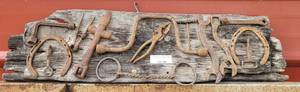 lot 360 image: HOME MADE WALL DECOR WITH VINTAGE TOOLS AS SHOWN.