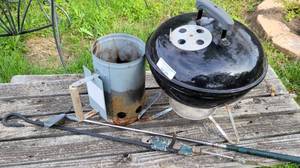 lot 375 image: SMALL GRILL, FIRE STARTER TOOL AND MORE AS SHOWN. TABLE NOT INCLUDED.