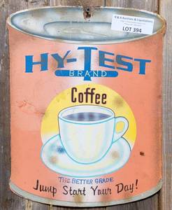 lot 394 image: HY-TEST BRAND COFFEE METAL ADVERTISING SIGN AS SHOWN.