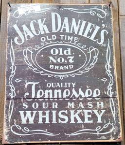 lot 395 image: JACK DANIELS METAL ADVERTISING SIGN AS SHOWN.