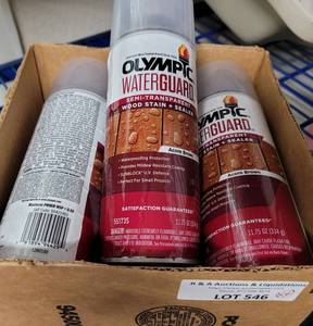 lot 546 image: LOT OF 6 NEW OLYMPIC WATERGUARD WOOD STAINSEALER CANS IN BOX AS SHOWN. (YOUR BID X 6)