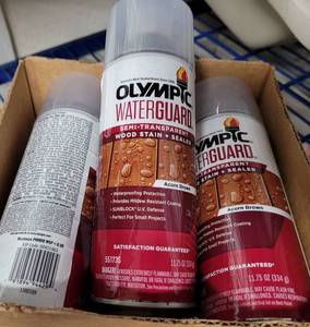 lot 547 image: LOT OF 6 NEW OLYMPIC WATERGUARD WOOD STAINSEALER CANS IN BOX AS SHOWN. (YOUR BID X 6)