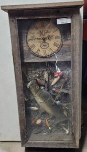 lot 572 image: FISHING THEMED RUSTIC WOOD SHADOW BOX WITH CLOCK AS SHOWN.