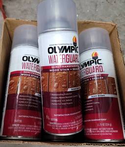 lot 577 image: LOT OF 6 NEW OLYMPIC WATERGUARD WOOD STAINSEALER CANS IN BOX AS SHOWN. (YOUR BID X 6)