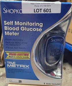 lot 601 image: SHOPKO SELF MONITORING BLOOD GLUCOSE METER IN BOX AS SHOWN.