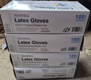 lot 603 image: LOT OF 4 NEW BOXES OF DAXWELL GENERAL PURPOSE LATEX GLOVES IN XL SIZE AS SHOWN. (YOUR BID X 4)