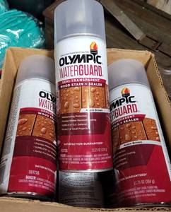 lot 629 image: LOT OF 6 NEW OLYMPIC WATERGUARD WOOD STAINSEALER CANS IN BOX AS SHOWN. (YOUR BID X 6)