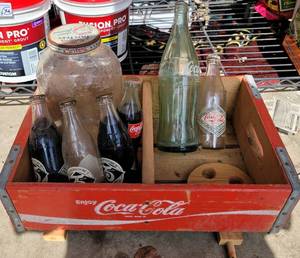 lot 664 image: VINTAGE COCA-COLA WOOD CRATE AND BOTTLES AS SHOWN.