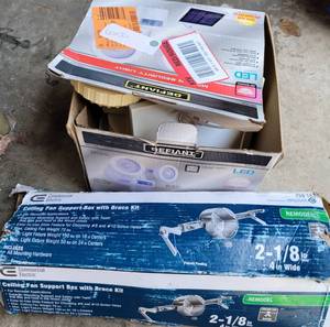 lot 713 image: DEFIANT SOLAR POWERED MOTION SECURITY LED LIGHT PLUS CEILING FAN SUPPORT BOX WITH BRACE KIT AS SHOWN.