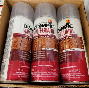 lot 745 image: LOT OF 12 NEW OLYMPIC WATERGUARD WOOD STAINSEALER CANS IN BOX AS SHOWN. (YOUR BID X 12)