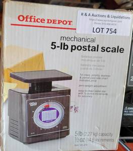 lot 754 image: OFFICE DEPOT MECHANICAL 5-LB POSTAL SCALE IN BOX AS SHOWN.