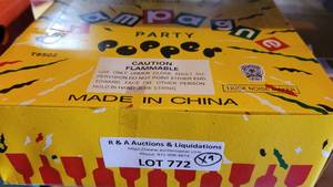 lot 772 image: LOT OF 9 BOXES OF NEW CHAMPAGNE PARTY POPPERS T8502 AS SHOWN. 72 PCS PER BOX. (YOUR BID X 9)