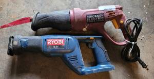 lot 797 image: CHICAGO ELECTRIC RECIPROCATING SAW AND RYOBI 18V CORDLESS RECIPROCATING SAW AS SHOWN. (YOUR BID X 2)