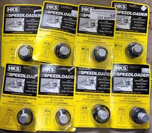 lot 819 image: LOT OF 8 NEW HKS SPEEDLOADERS FOR REVOLVERS IN VARIOUS MODELS AS SHOWN. RELOADS REVOLVERS INSTANTLY. (YOUR BID X 8)