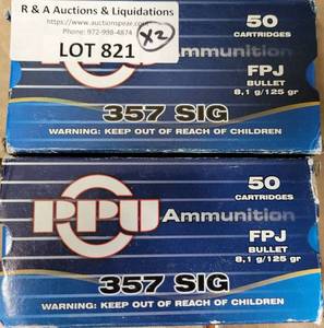 lot 821 image: LOT OF 2 BOXES OF 357 SIG PPU AMMUNITION FPJ BULLET 8, 1 G125 GR AS SHOWN. 50 CARTRIDGES PER BOX. (YOUR BID X 2)