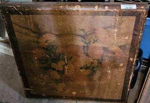 lot 842 image: VINTAGE SQUARED FOLDING CARD TABLE WITH FLORAL DESIGN AS SHOWN.