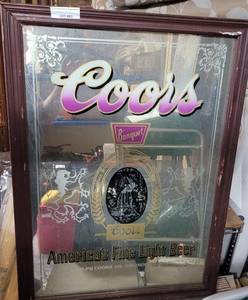 lot 881 image: VINTAGE COORS AMERICAS FINE LIGHT BEER FRAMED MIRROR AS SHOWN. APPROX. 24 X 36.