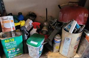lot 891 image: METAL GAS TANK, HARDWARE, STAIN, AND MORE AS SHOWN.