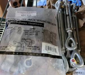 lot 910 image: UNOPENED BAG OF FENCING ACCESSORIES PLUS (8) EYE & EYE TURNBUCKLE 38 X 6 GALVANIZED AS SHOWN. SEARCH THESE UP