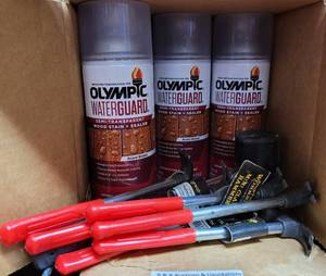 lot 930 image: SMALL TOOLS PLUS 4 CANS OF OLYMPIC WATERGUARD WOOD STAINSEALER AS SHOWN.