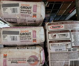 lot 933 image: LOT OF SANDED GROUT BAGS AND MORTAR BOX AS SHOWN. (YOUR BID X 4)