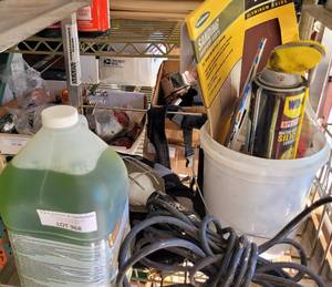 lot 968 image: GALLON JUG OF SUMA BIO FLOOR CLEANER, EXTENSION WLIGHT, SANDPAPER AND MORE AS SHOWN.