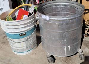 lot 974 image: GALVANIZED ROLLING TRASHCAN, PLUMBING SUPPLIES, FOGGERS, AND MORE AS SHOWN.