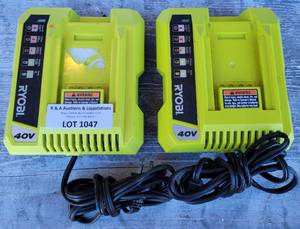 lot 1047 image: LOT OF 2 RYOBI 40V CLASS 2 BATTERY CHARGERS MODEL OP401 AS SHOWN. (YOUR BID X 2)