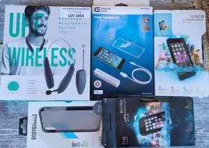 lot 1054 image: ELECTRONIC GADGET LOT INCLUDING WIRELESS NECKBAND MICROPHONE SYSTEM, iPHONE 7 ACCESSORY KIT, iPHONE XXs COVER, AND MORE AS SHOWN.