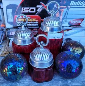 lot 1065 image: LOT OF HOME DECOR INCLUDING DECORATIVE SPHERES AND LIDDED CANISTER STYLE JARS AS SHOWN.