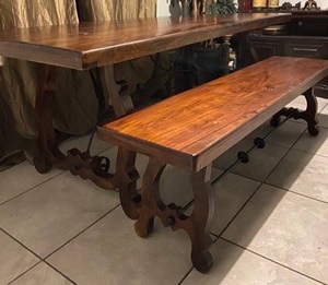 lot 97 image: RUSTIC WOOD DINING TABLE WITH TWO BENCHES IN STYLE, COLOR, AND CONDITION SHOWN. (YOUR BID X 3)