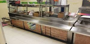 lot 28 image: Unmarked Brown & Stainless Cafeteria Serving Lines w Warmers - 142 x 36  CONTENTS NOT INCLUDED
