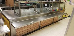 lot 29 image: Unmarked Brown & Stainless Cafeteria Serving Lines w Warmers - 142 x 36  CONTENTS NOT INCLUDED