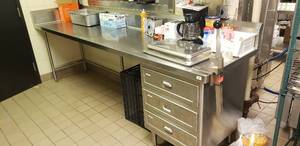 lot 45 image: Stainless Steel Prep Table w 3 Drawer Stainless Cabinet  CONTENTS NOT INCLUDED