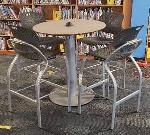 lot 90 image: Tall Bistro Table w 4 Chairs & Outlet Bank