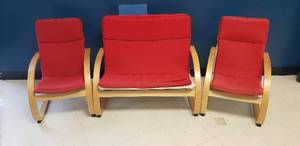 lot 92 image: GuideCraft Bentwood Rocker Chairs & Loveseat, Red