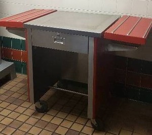 lot 60 image: Stainless Rolling Cart w Drawer & 2 Folding Red Tray Racks