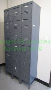 lot 7 image: Metal 18 section self standing locker unit, 36x72x15 in