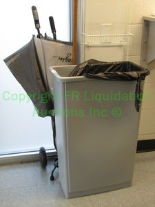 lot 13 image: Commercial rubber trash receptacle, wheeled medical oxygen tank carrier and large umbrella