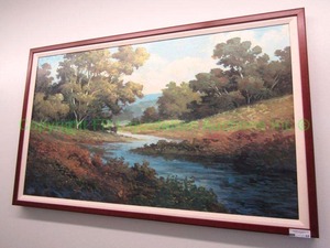 lot 17 image: Framed Oil on Canvas scenic river landscape painting, linen mat, signed JA Johnson lower right, 34x58 in