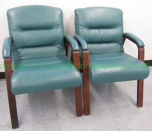 lot 20 image: LA-Z-BOY branded dark cherry wood and upholstered reception arm chairs, (Bid is times the quantity)