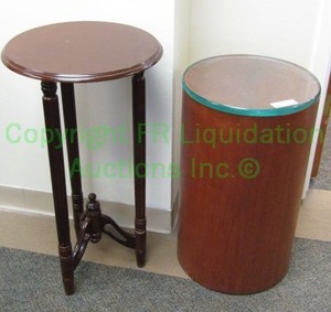 lot 90 image: Red maple wood accent table and cherry veneer glass top display column, 24x12 in