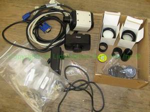 lot 110 image: AMscope MA1000 microscope camera for Windows w auxiliary reduction lenses (.05X and 2X) and accessories