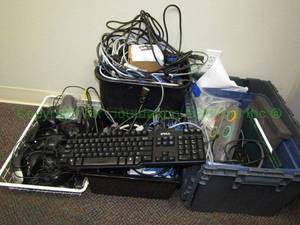 lot 116 image: Office keyboards, connector cords, surge protectors, mice, bins included