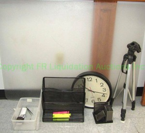 lot 135 image: Office accessories. Includes Tripod, Loupe, wall clock plus