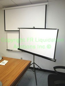 lot 142 image: Wall mounted and Apollo portable screens 2 total (Top screen mounted to ceiling, buyer must remove)